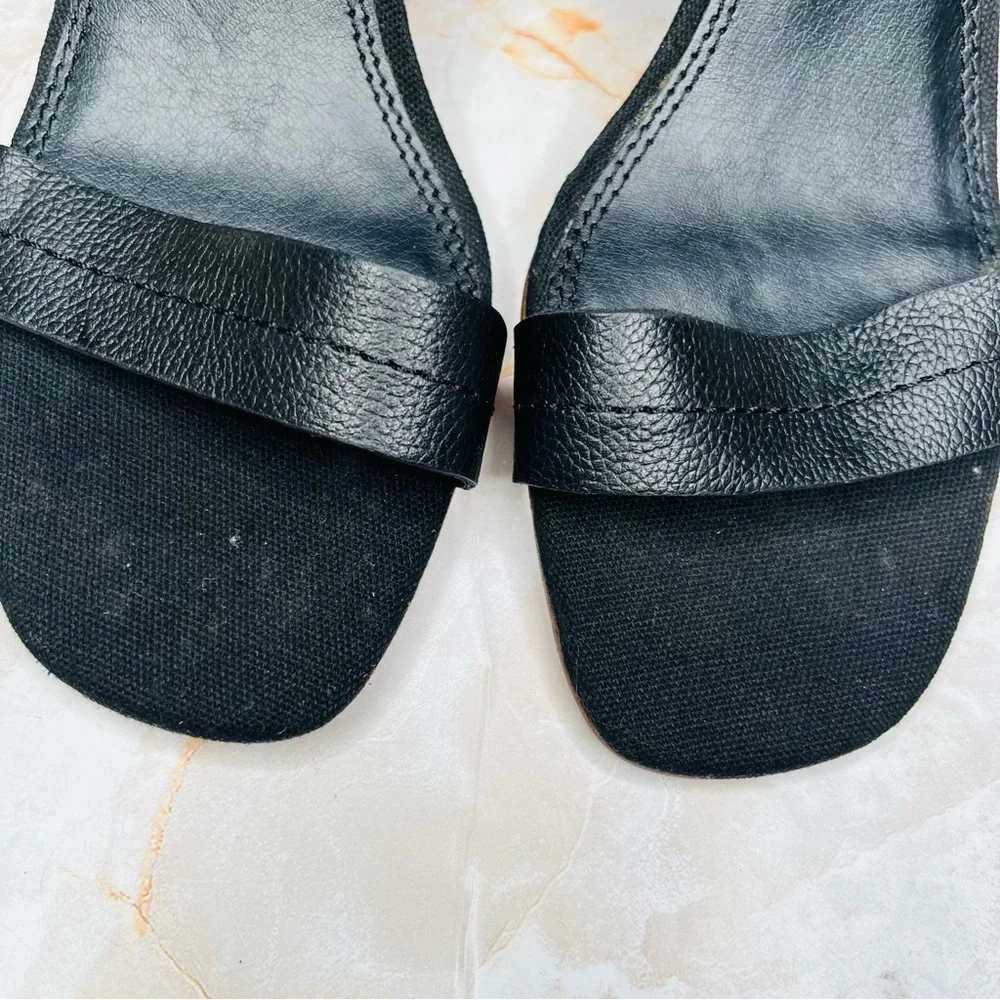 SPLENDID BLACK LEATHER STRAPPY SANDAL, Velcro Ankle Strap, Wood Block Heel